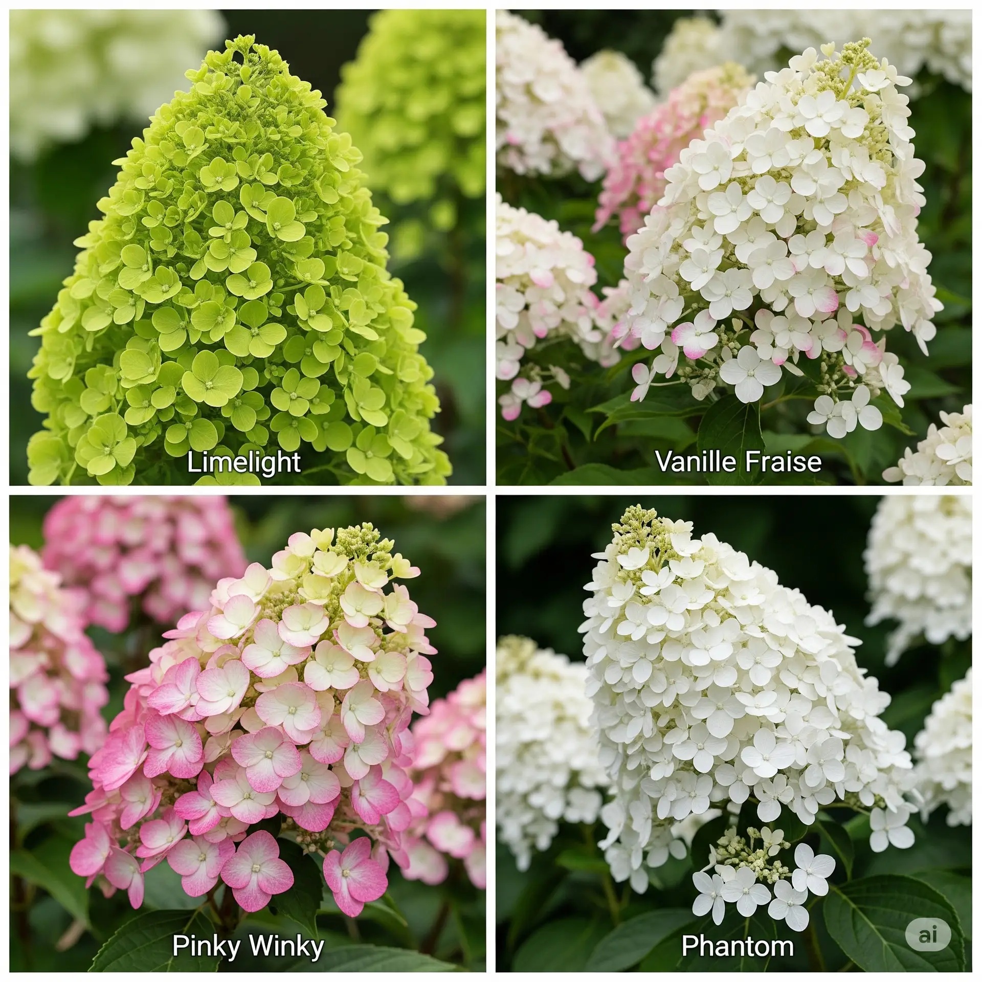 Hortenzia metlinatá: Obľúbené kultivary 'Limelight', 'Vanille Fraise', 'Pinky Winky' a 'Phantom