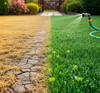 Transformácia trávnika zo suchého a žltého na svieži zelený s kvapkami vody a zavlažovačom. Záchrana trávnika po letných horúčavách.